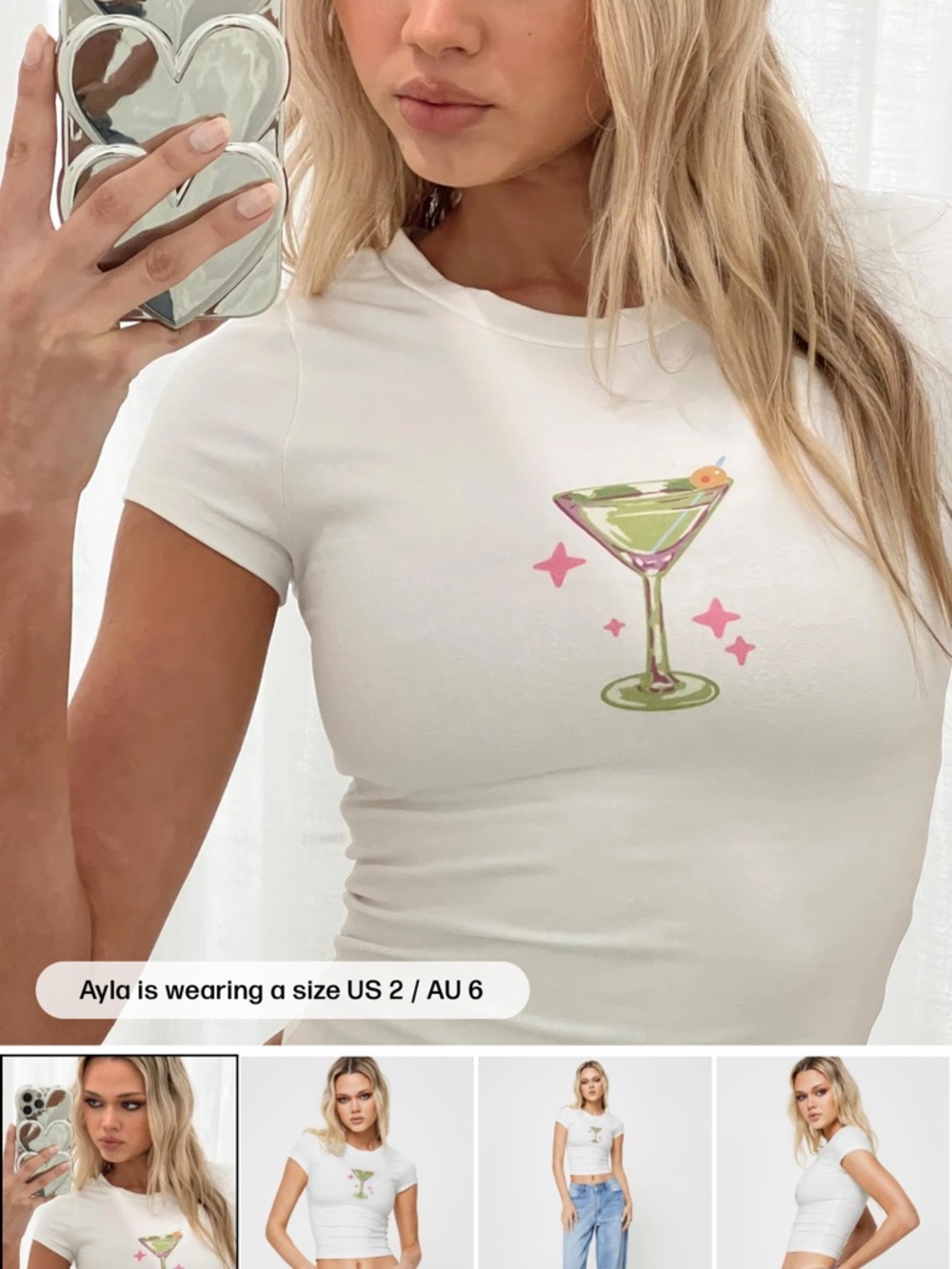 Princess Polly White Crop Tee with Green Martini Graphic